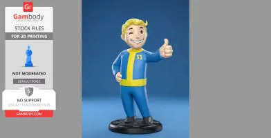 Smiling figurine in blue outfit and yellow details, giving a thumbs up on a black base.