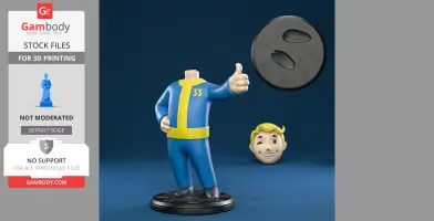 Headless Vault Boy figurine with blue jumpsuit, number 33, and thumbs up pose, head and base separate.