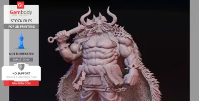 Muscular figure with horns, holding a bat, wearing a textured cape and belt, detailed for 3D printing.