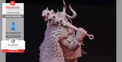 A muscular figure with horns, holding a spiked club and wearing a feathered cloak.