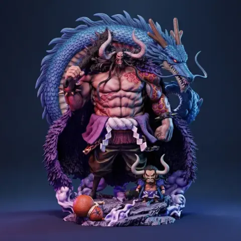 A muscular, horned figure with a cape stands on a rocky base, with a smaller, similar figure beside it.