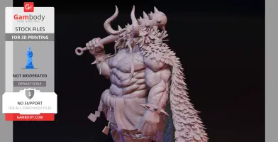 Muscular figure with horns and a spiked club, wearing a scaled cape, designed for 3D printing.