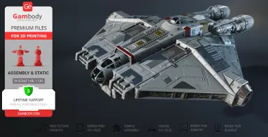 3D model of the Star Wars Ghost spaceship, detailed for printing. Features visible engines and cockpit.