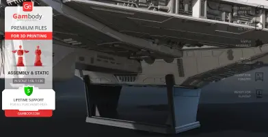 Detailed underside view of the Ghost VCX-100 starship model on a stand for 3D printing.