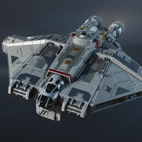 Futuristic spaceship with angular, grey design and detailed surface, resembling sci-fi space cruiser.