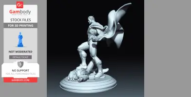 A 3D printed model of Superman standing triumphantly over a defeated Joker on a round base.