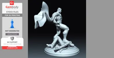 Superhero in cape stands over a fallen figure on a circular base, dynamic pose for 3D printing.