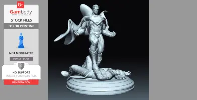 A 3D model of a superhero standing triumphantly over a defeated villain on a round base.