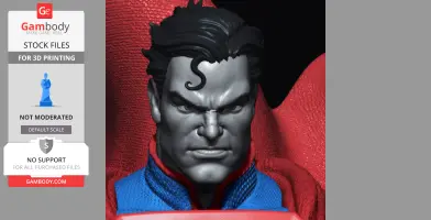 3D model of a stern-faced superhero with dark hair and a red and blue suit, ready for 3D printing.
