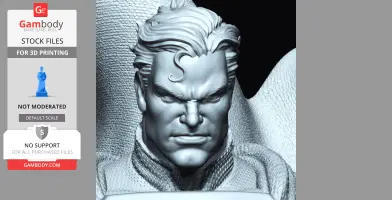 A 3D-rendered bust of a serious-looking superhero with a swirl hair curl, suitable for 3D printing.