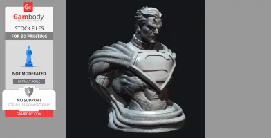 A detailed 3D model of a muscular superhero bust, wearing a textured suit and large embossed 'S' emblem.