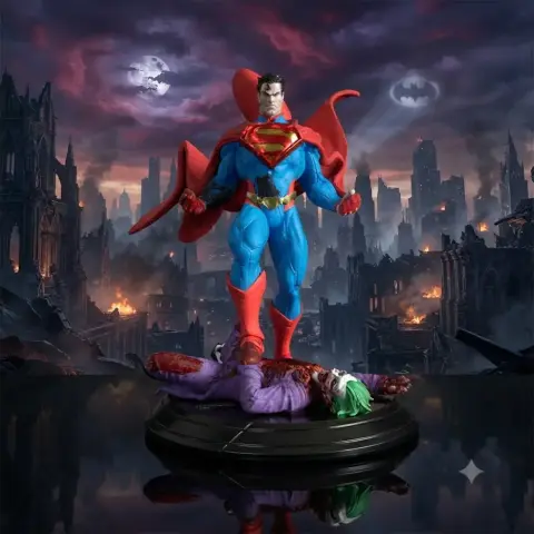 Superman triumphantly stands over a defeated Joker on a display base.