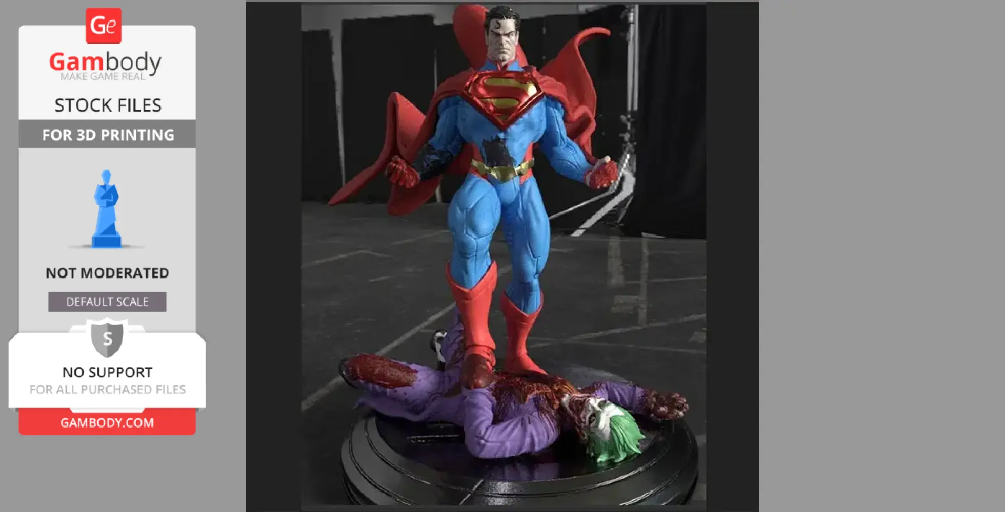 Superman stands triumphantly over Joker in a dramatic 3D-printed scene.