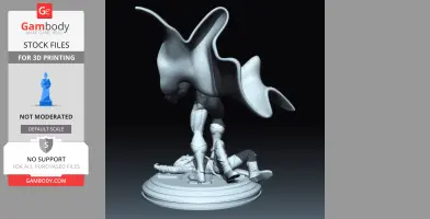 A 3D model of a caped figure standing over a fallen character on a round base.