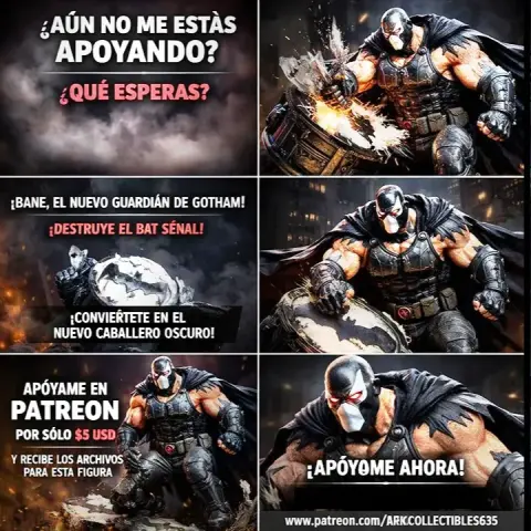 Bane smashing Bat-signal, muscular pose, Gotham backdrop, promotional Patreon banner.