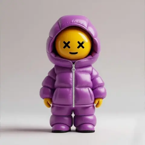 Cute yellow figure in a puffy purple suit with a hood, featuring a smiling face and X eyes.