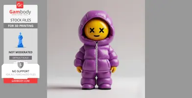 A cute 3D model of a figure in a puffy purple jacket with a smiling yellow face and crossed-out eyes.