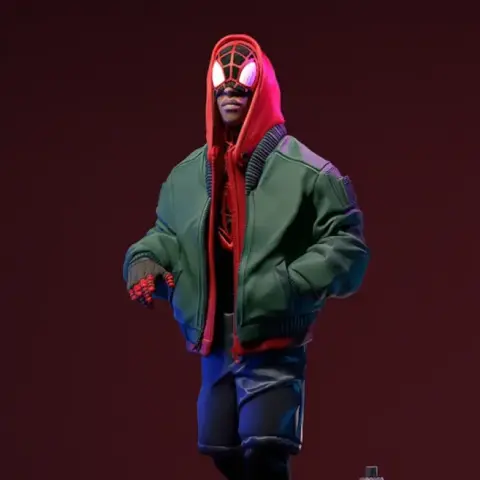 Stylized figure in urban attire with a mask, green jacket, and red hoodie, striking a dynamic pose.