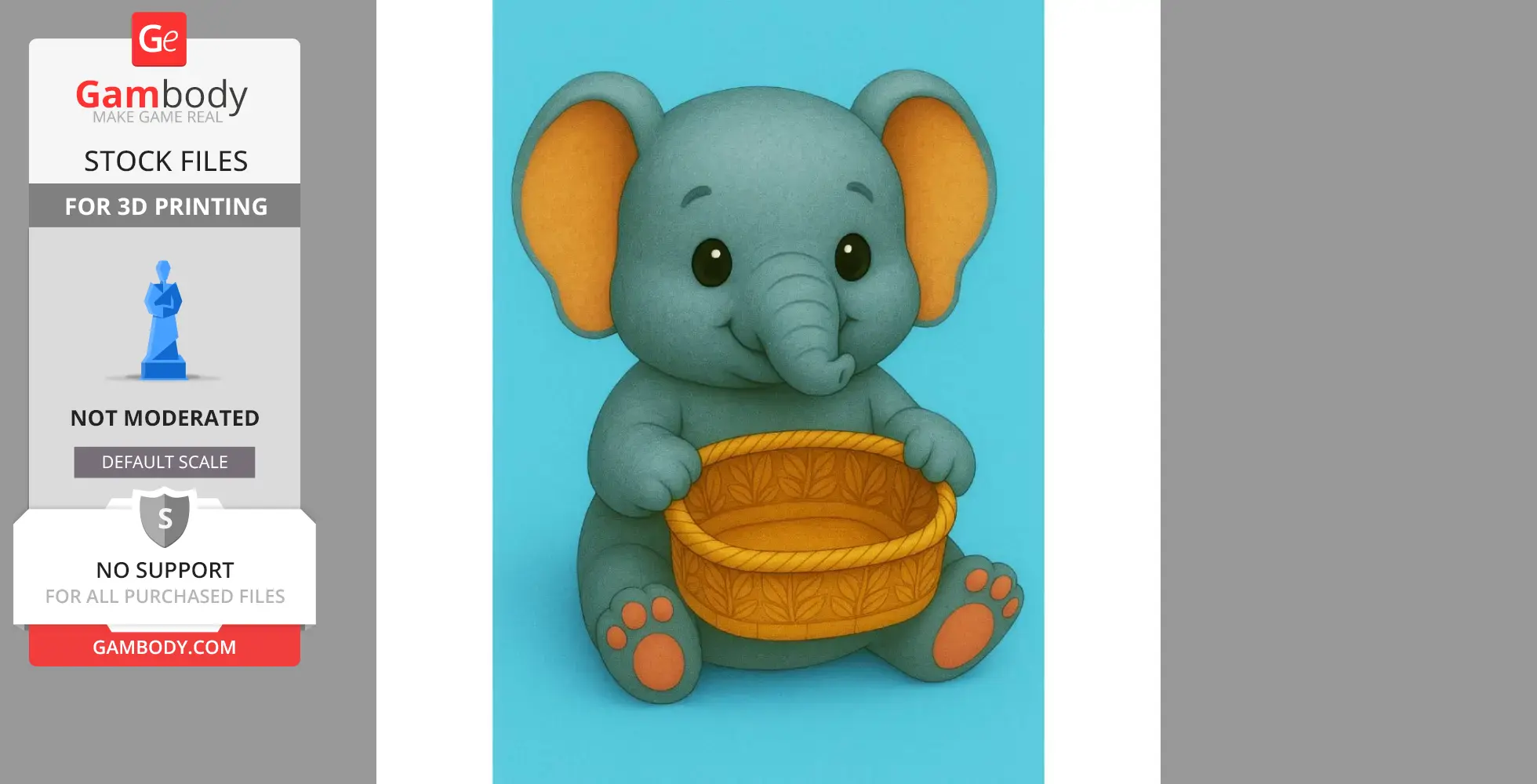 A cute elephant holding a decorative basket, designed for 3D printing.