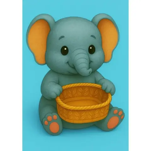 Cute cartoon elephant holding an empty gift basket, sitting with ears up and a joyful expression.