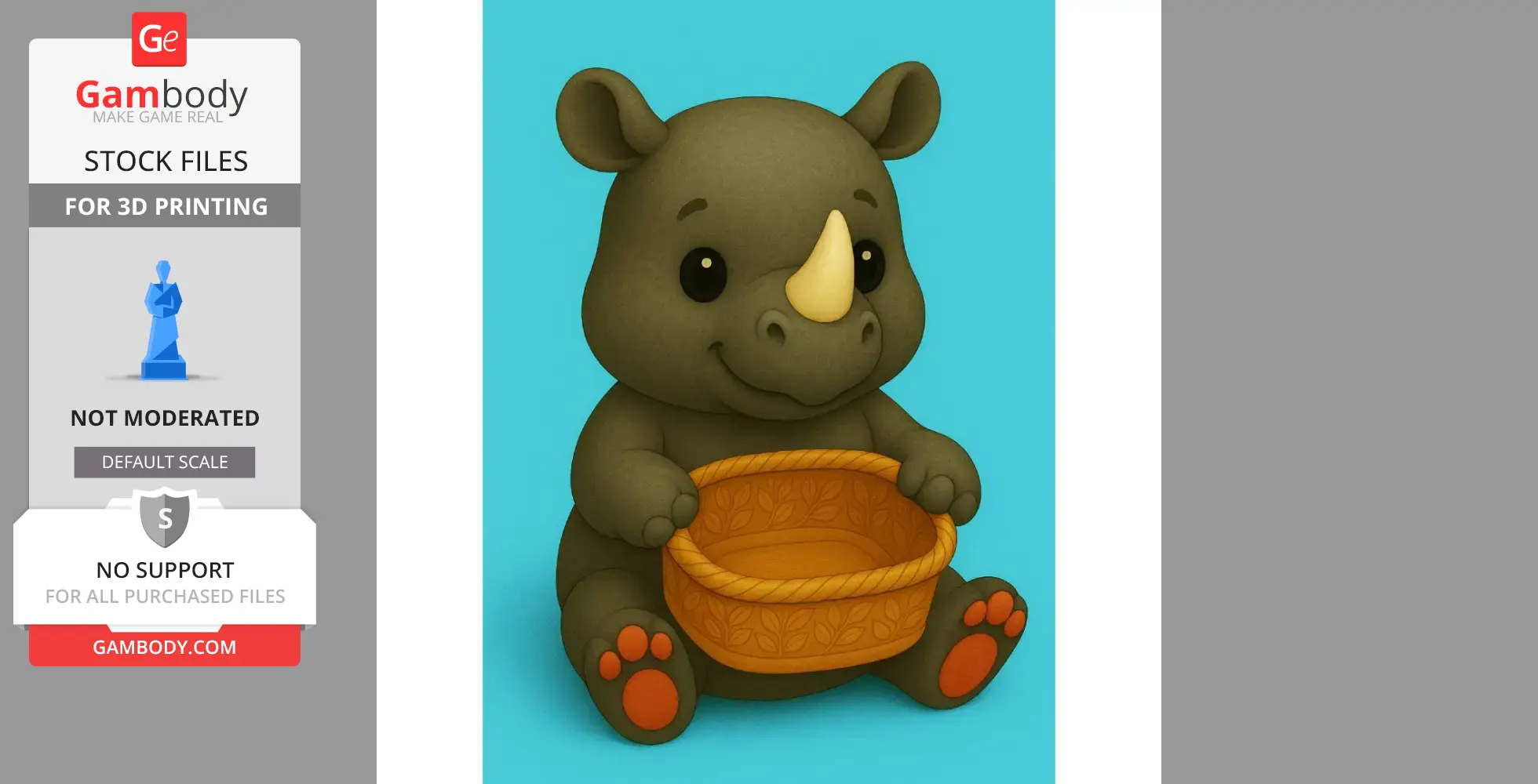 Cute cartoon rhino holding an empty basket, sitting with a blue background. Ideal STL file for printing.