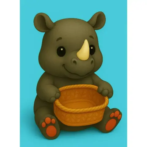 Cute cartoon rhino sitting with a decorative gift basket in its lap.