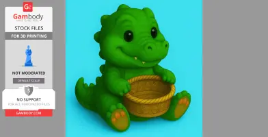 A cute green crocodile holding a decorative basket, suitable for 3D printing.