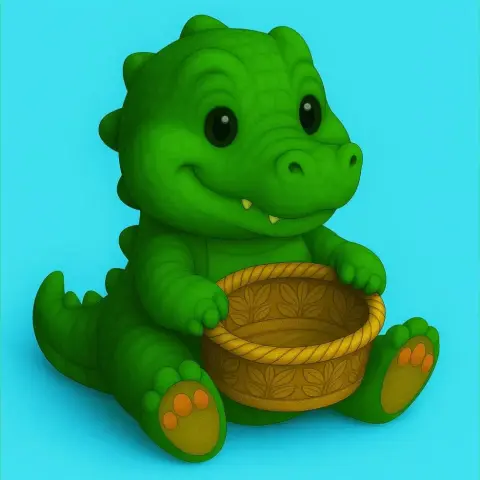 Cute green crocodile holding an empty gift basket, with leaf patterns, sitting on a blue background.