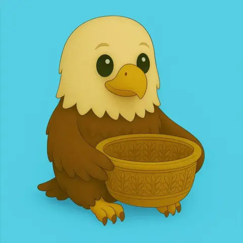 A cute cartoon eagle holding a decorative gift basket.