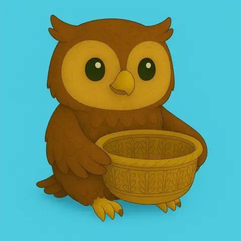 A cute owl figure holding an intricately designed gift basket.