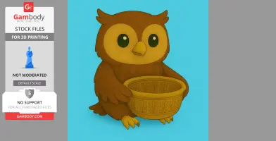 Cute owl holding a decorative gift basket with leafy patterns, against a blue background.