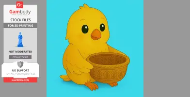 Cute yellow bird holding an intricately patterned gift basket.