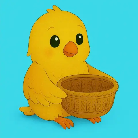 A cute yellow bird holding a decorative basket, set against a blue background.