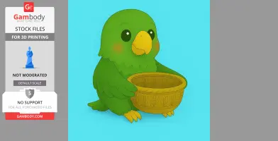 A cute green parrot holding a decorative yellow gift basket.