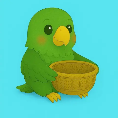 A cute green parrot holding a decorated basket in its wings on a blue background.