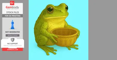 A green frog holding a decorated basket, suitable for 3D printing.