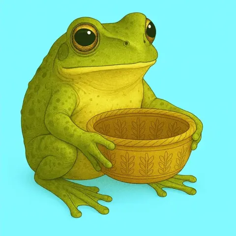 A cartoon frog holding a decorative basket in its front legs, set against a plain background.