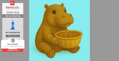 A cartoon hippo holding an ornate basket, designed for 3D printing.