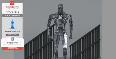 A detailed 3D model of a robotic T-800 endoskeleton standing on stairs.