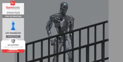 A robotic humanoid model, resembling a T-800, stands behind a railing, showing detailed mechanical features.