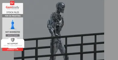 A detailed 3D model of a T-800 Terminator walking, showcasing mechanical skeleton details.