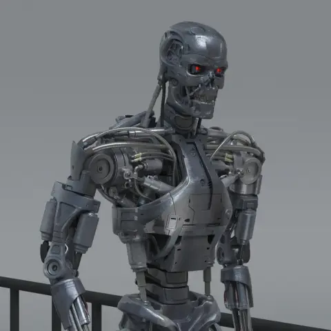 A detailed 3D model of a T-800 Terminator, showcasing mechanical features and exposed robotic components.