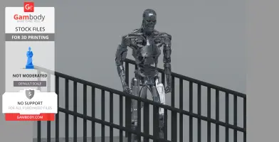 T-800 Terminator 3D model on a balcony, showcasing detailed robotic features.