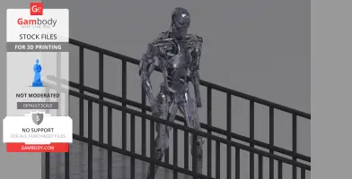 A 3D model of a T-800 Terminator, depicting a detailed robotic exoskeleton, standing near a railing.