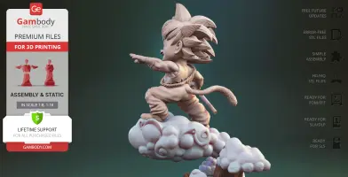 Young character with spiky hair rides a cloud, pointing forward, in a dynamic pose for 3D printing.