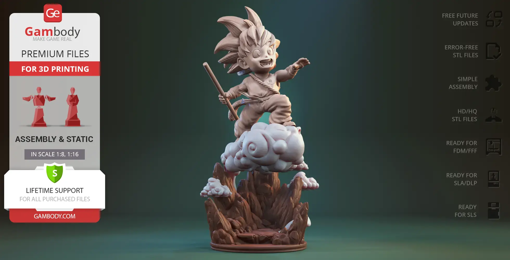 Chibi character stands on a cloud, holding a staff, with rocky terrain below.