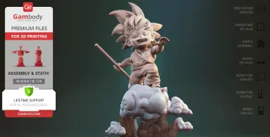 Kid character joyfully riding a flying cloud, holding a staff, with dynamic hair and cheerful expression.