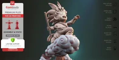 Young character in dynamic pose on a cloud, holding a staff, designed for 3D printing.