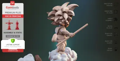 Kid with spiky hair riding a cloud, holding a staff, in a dynamic pose from a 3D printed model.