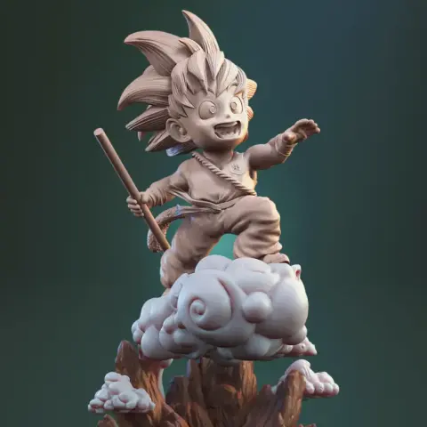 A 3D model of a young character with spiky hair riding a cloud, holding a stick, looks joyful.
